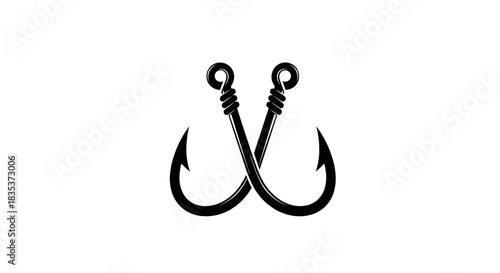 A simple black and white vector illustration depicting two classic fishing hooks crossed over each other, symbolizing fishing, angling, or outdoor recreation.