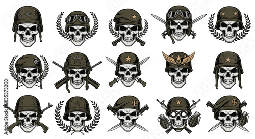 Diverse collection of soldier skull emblems, featuring military headwear, weapons, and accessories, on a white background.