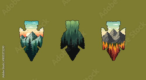 Three stylized arrowheads featuring natural landscapes like mountains and forests, set against an olive green background, depicting different seasons and moods.