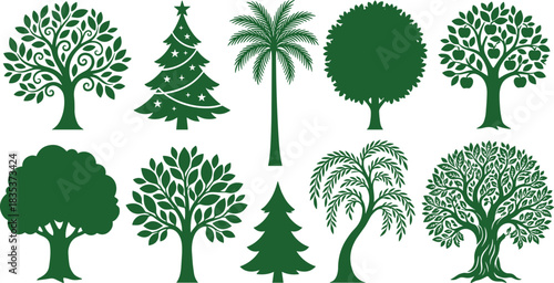 Collection of diverse decorative tree silhouettes featuring various shapes, foliage styles, and species for nature, botanical, landscape, and eco-themed vector design projects
