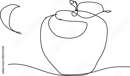 Continuous line art drawing ofA minimalist illustration of a single apple rendered in a continuous line art style, showcasing its form with clean, unbroken strokes. a single apple fruit. 
