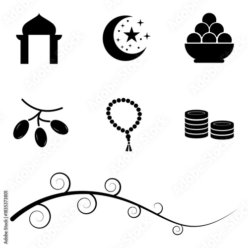 A collection of symbols associated with a specific culture or religion, including the crescent moon and star, dates, rosary, and a decorative arch, among others