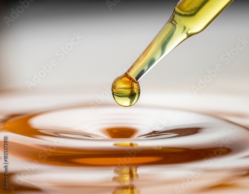 Wallpaper Mural Oil drop with reflection: Close up shot captures a single drop of golden oil falling from pipette, creating delicate ripples, evoking a sense of purity and natural beauty.  Torontodigital.ca