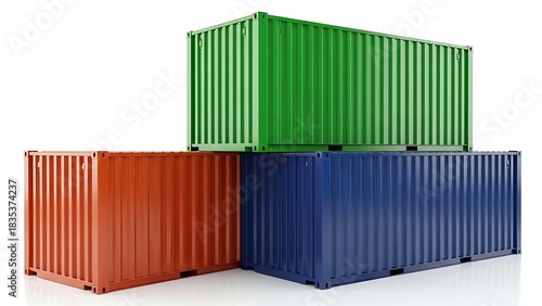 Stack of colorful shipping containers against a white background.