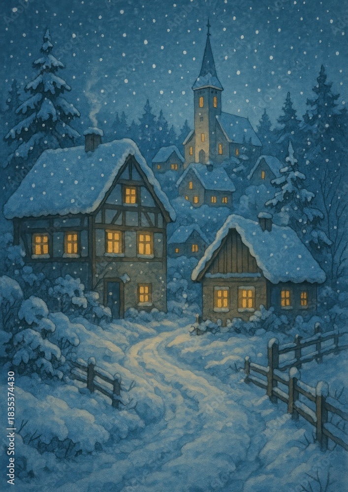 Fototapeta premium Cozy snowy village night
