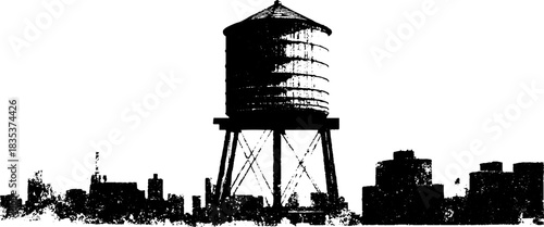 Urban rooftop water tower in black and white stencil illustration