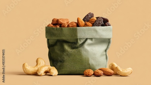 A small green bag overflows with various nuts and dried fruits, with scattered nuts in front