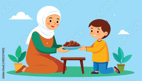 A Muslim woman in a hijab offering a plate of dates to a young boy, both kneeling outdoors in a serene setting.