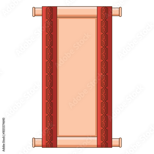 A cartoon style illustration of an ancient paper scroll with a red decorative border