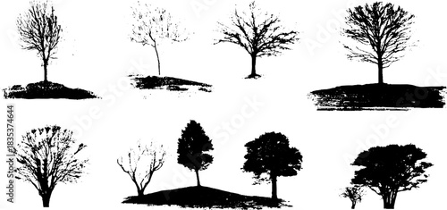 Black and white stencil design of bare tree silhouettes for nature and art projects