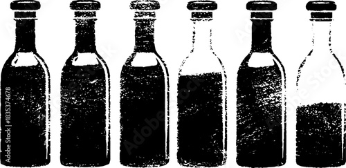 Vintage black and white stencil illustration of street vendor bottles collection
