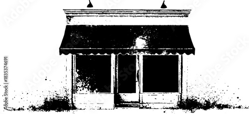 Black and white grunge stencil illustration of battered plywood board with splattered ink design