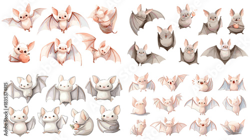 A charming watercolor set of cute bats in soft pastel tones, featuring expressive poses and playful gestures. Ideal for fantasy themes, children illustrations, and whimsical creative artwork.