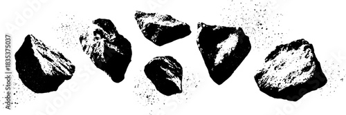 Black and white stencil illustration of brittle clay fragments for design