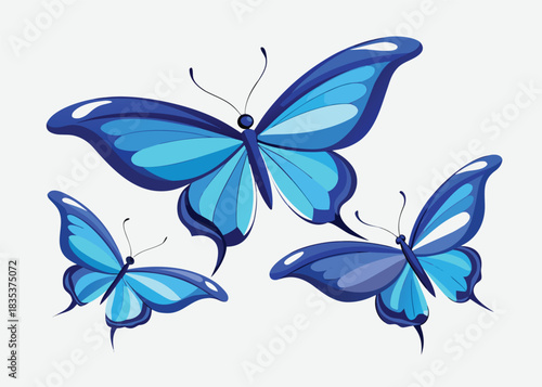 Elegant vibrant blue butterflies with intricate delicate wings in various sizes gracefully fluttering against a clean white background for design projects