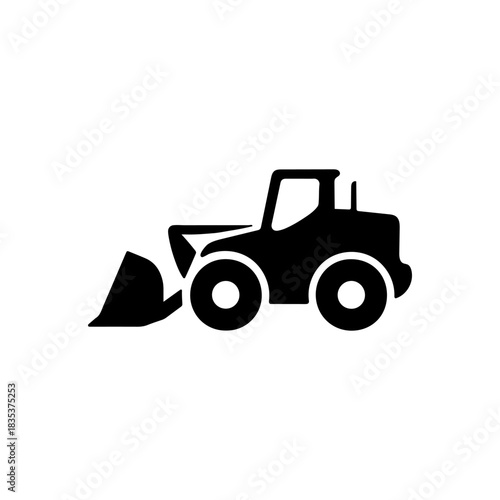 Black silhouette of a front end loader on a white background