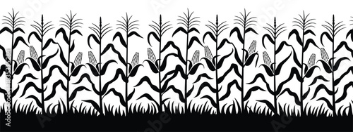 Black Corn Field Silhouette Vector Illustration Showing Maize Plants in Dark Minimal Style for Agricultural Artwork Background, Creative Landscape Design, and Graphic Use