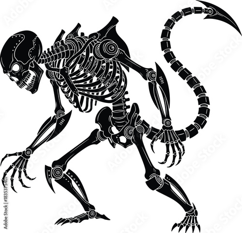 Biomechanical creature, robotic skeleton, alien hybrid, cyber monster, sci-fi horror, mechanical limbs, cad drawing flat vector illustration
