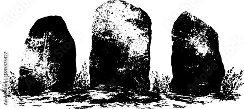 Black and white stencil illustration of carved stone totem silhouettes