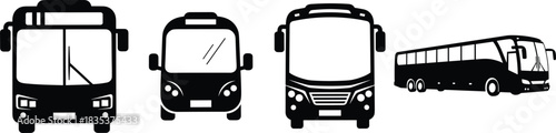 Front View and Side Silhouette Collection of Public City Transit, School, and Intercity Tourist Bus Transportation Icons, Modern Vector Illustrations for Travel, Traffic,