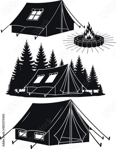 Camping tents and campfire scene, forest background, outdoor adventure setup, cad drawing, flat vector illustration, black silhouette, nature elements