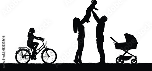Family silhouette, outdoor activity, child biking, parents lifting baby, stroller scene, black and white, cad drawing flat vector illustration