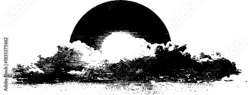 Black and white stencil illustration of clouds and sunburst horizon