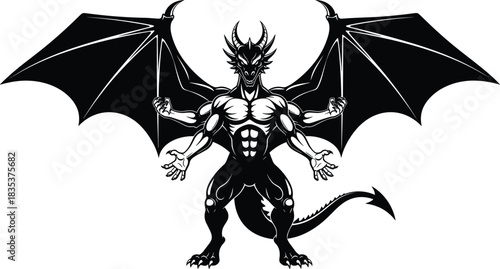 dragon, creature, fantasy, monster, symmetrical, wings, claws, tail, horned, fierce, muscular, humanoid, mythological, black, white, vector, cad, illustration, powerful, beast