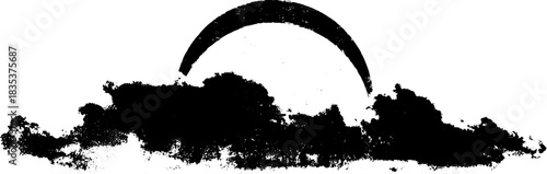 Black and white stencil of cloudscape with rising sun design for posters and prints