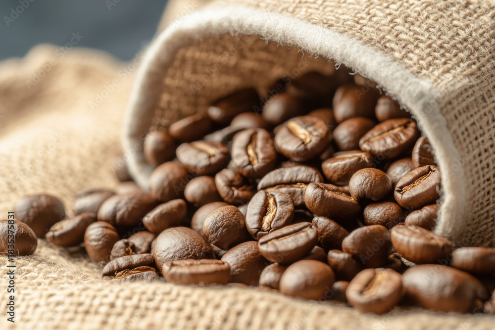 Fototapeta premium Roasted coffee beans spilling from a burlap sack on a textured surface. The rich brown coffee beans are scattered on a rustic burlap cloth, creating a warm, inviting scene.