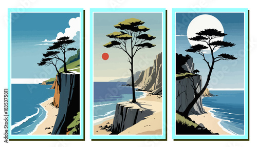 Minimalist coastal landscape with cliffs, ocean waves, lone tree silhouette, sunset and moon, modern wall art, nature illustration, scenic seascape design