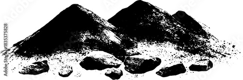 Monochrome stencil art of coarse brushwood heaps with rocks