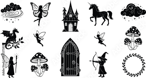 Fantasy silhouette, fairy tale elements, unicorn, dragon, castle, mushrooms, magical creatures, enchanted forest, cad drawing flat vector illustration