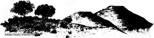 Black and white stencil illustration of coarse dune vegetation and landscape silhouette