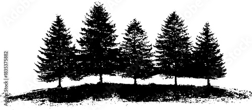 Black and white stencil illustration of coarse hillside heath with trees for nature design