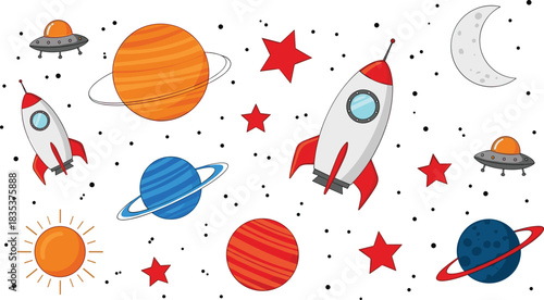 Fun Space Theme Seamless Pattern Children Illustration Doodle Style: Rocket, Planet with Ring, Star, Sun, Moon, UFO. Cosmic Cartoon Background for Kids, Wallpaper,