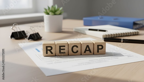 Wooden blocks spelling RECAP on a document, symbolizing a business summary or meeting review on an office desk.