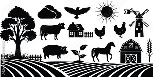 Farm scene silhouette, rural landscape elements, animals and agriculture, barn and windmill, cad drawing, flat vector illustration, black and white