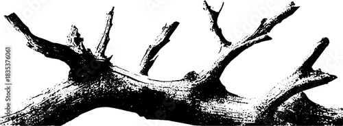Black and white stencil illustration of collapsed dry branch for artistic design
