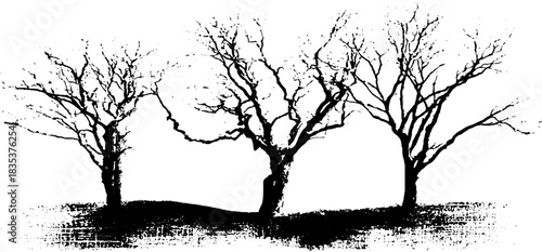 Black and white stencil of cracked boughs and ancient tree silhouettes for artistic design