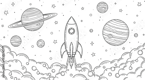 Hand drawn blue line art illustration of a rocket ship launching into space, surrounded by planets, stars, and clouds, concept of universe exploration and science.