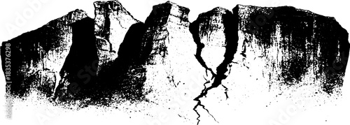Black and white stencil of cracked cliff formation for artistic design and illustration