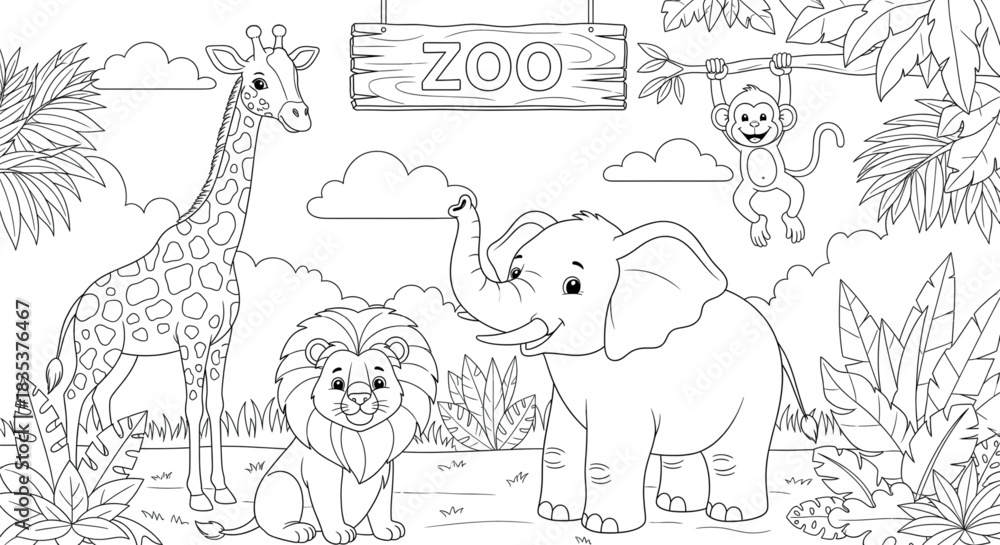 Fototapeta premium Cute Coloring Page Zoo Animals Giraffe Lion Elephant Monkey for Kids Activity Book Design