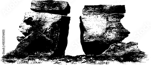Black and white stencil illustration of cracked sandstone formation