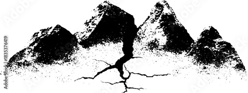 Black and white stencil of cracked snow crust on mountain peaks