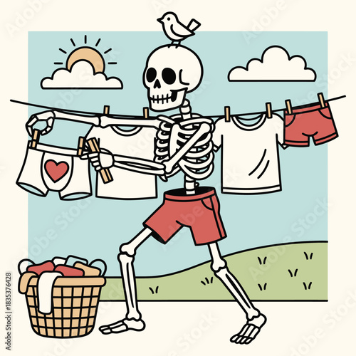 Funny Skeleton Character Hanging Laundry on Clothesline Vector