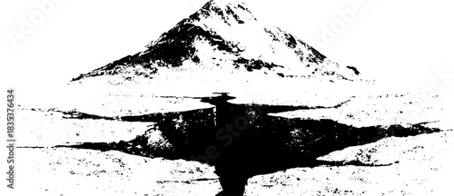 Black and white stencil illustration of cracked snow crust featuring mountain landscape