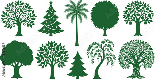 Collection of diverse tree silhouettes including decorative, fruit, palm, evergreen, and willow designs ideal for nature illustrations, landscaping graphics, and eco-themed vector artworks