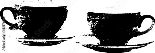 Black and white stencil art of ceramic espresso cups on saucers