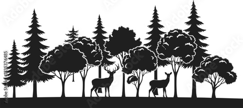 Forest silhouette, deer in woods, wildlife scene, nature landscape, woodland animals, peaceful forest, cad drawing flat vector illustration